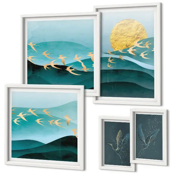 Conjunto de cuadros decorativos con diseño moderno de pájaros y olas