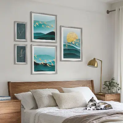 Conjunto de cuadros decorativos con diseño moderno de pájaros y olas