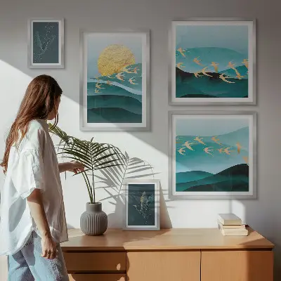 Conjunto de cuadros decorativos con diseño moderno de pájaros y olas