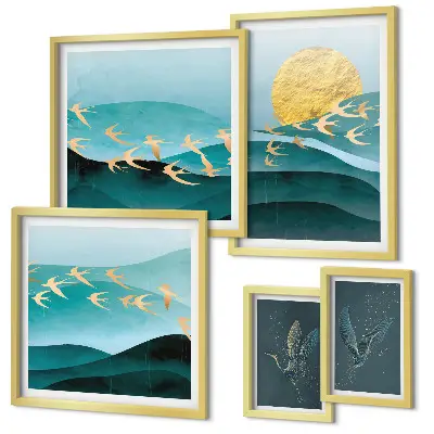 Conjunto de cuadros decorativos con diseño moderno de pájaros y olas