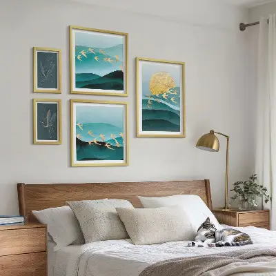 Conjunto de cuadros decorativos con diseño moderno de pájaros y olas