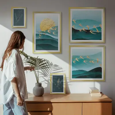 Conjunto de cuadros decorativos con diseño moderno de pájaros y olas