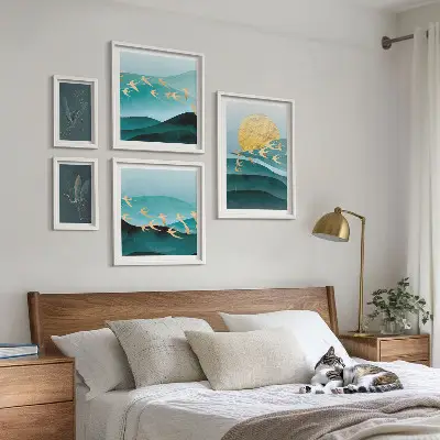 Conjunto de cuadros decorativos con diseño moderno de pájaros y olas