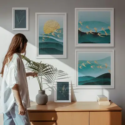 Conjunto de cuadros decorativos con diseño moderno de pájaros y olas