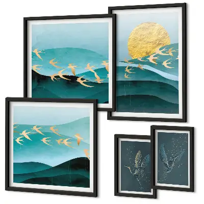 Conjunto de cuadros decorativos con diseño moderno de pájaros y olas