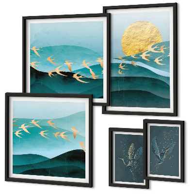 Conjunto de cuadros decorativos La armonía de los pájaros y las olas de una forma moderna.