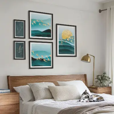 Conjunto de cuadros decorativos con diseño moderno de pájaros y olas