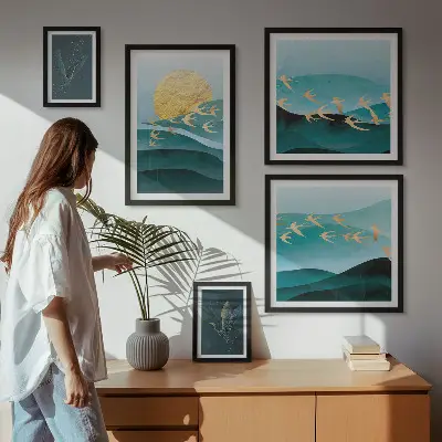 Conjunto de cuadros decorativos con diseño moderno de pájaros y olas