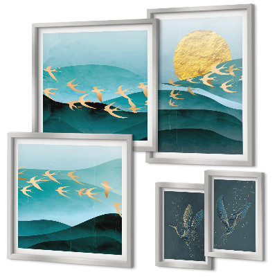 Conjunto de cuadros decorativos La armonía de los pájaros y las olas de una forma moderna.