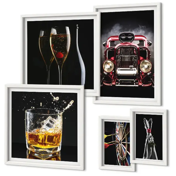 Set de 5 cuadros para salón con diseños elegantes de temática retro de coches y bebidas