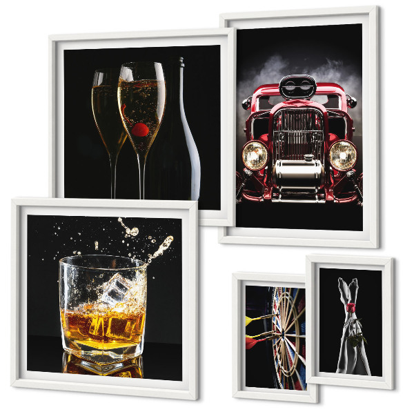 Set de 5 cuadros para salón Diseños elegantes con temática retro de coches y bebidas.