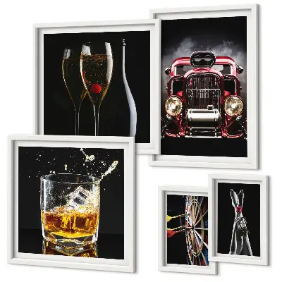 Set de 5 cuadros para salón con diseños elegantes de temática retro de coches y bebidas