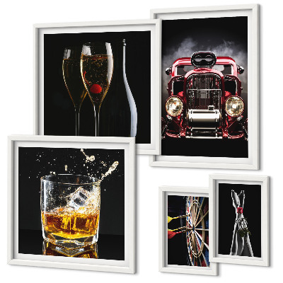 Set de 5 cuadros para salón Diseños elegantes con temática retro de coches y bebidas.