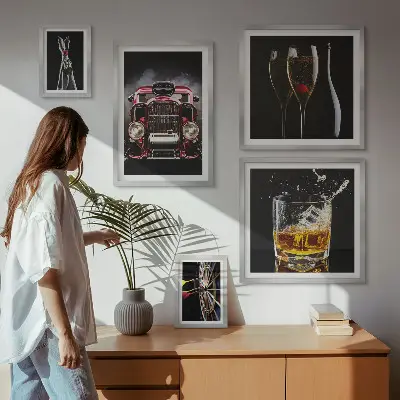 Set de 5 cuadros para salón con diseños elegantes de temática retro de coches y bebidas