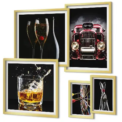 Set de 5 cuadros para salón con diseños elegantes de temática retro de coches y bebidas