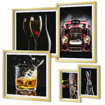 Set de 5 cuadros para salón Diseños elegantes con temática retro de coches y bebidas.