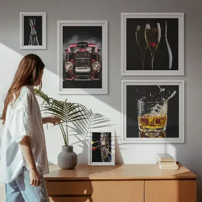 Set de 5 cuadros para salón con diseños elegantes de temática retro de coches y bebidas