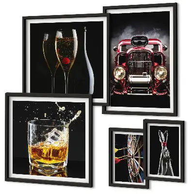 Set de 5 cuadros para salón con diseños elegantes de temática retro de coches y bebidas