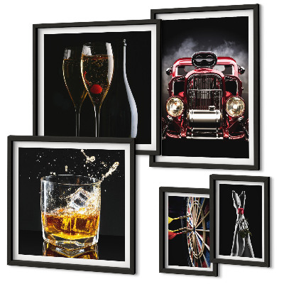 Set de 5 cuadros para salón Diseños elegantes con temática retro de coches y bebidas.