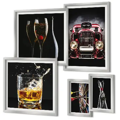 Set de 5 cuadros para salón con diseños elegantes de temática retro de coches y bebidas