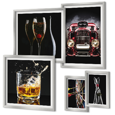 Set de 5 cuadros para salón Diseños elegantes con temática retro de coches y bebidas.