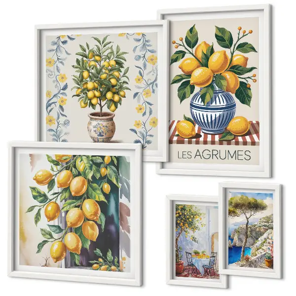 Set de 5 cuadros para salón con motivos de cítricos al estilo mediterráneo