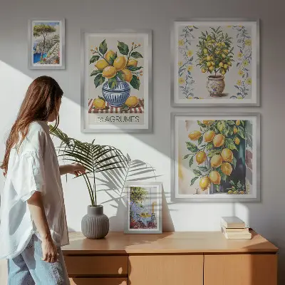 Set de 5 cuadros para salón con motivos de cítricos al estilo mediterráneo
