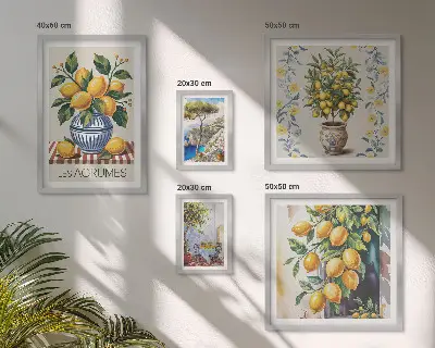 Set de 5 cuadros para salón con motivos de cítricos al estilo mediterráneo
