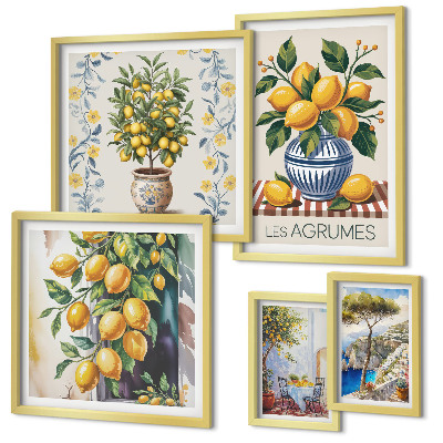 Set de 5 cuadros para salón cítricos al estilo mediterráneo