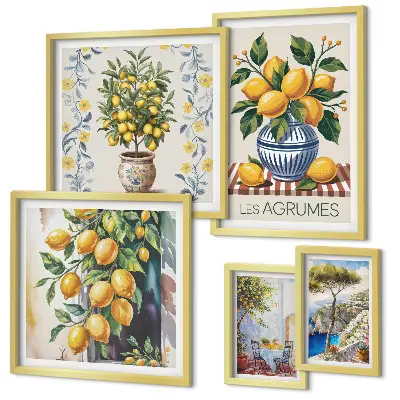 Set de 5 cuadros para salón con motivos de cítricos al estilo mediterráneo
