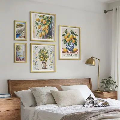 Set de 5 cuadros para salón con motivos de cítricos al estilo mediterráneo