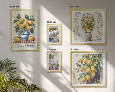 Set de 5 cuadros para salón con motivos de cítricos al estilo mediterráneo