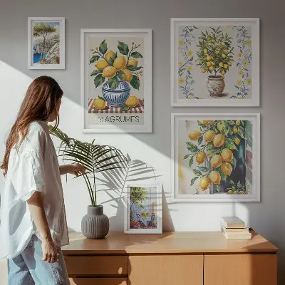 Set de 5 cuadros para salón con motivos de cítricos al estilo mediterráneo