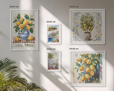 Set de 5 cuadros para salón con motivos de cítricos al estilo mediterráneo