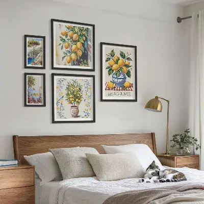 Set de 5 cuadros para salón con motivos de cítricos al estilo mediterráneo