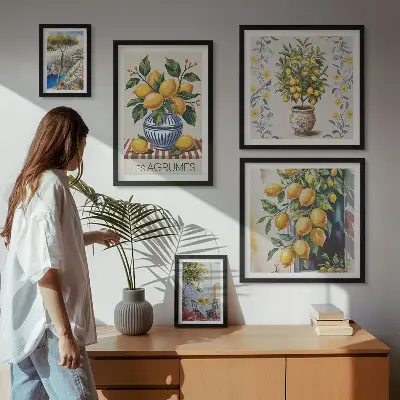 Set de 5 cuadros para salón con motivos de cítricos al estilo mediterráneo
