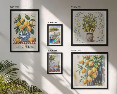 Set de 5 cuadros para salón con motivos de cítricos al estilo mediterráneo