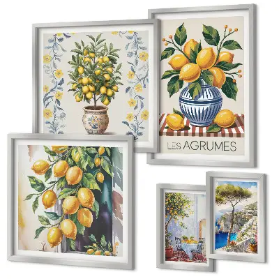 Set de 5 cuadros para salón con motivos de cítricos al estilo mediterráneo