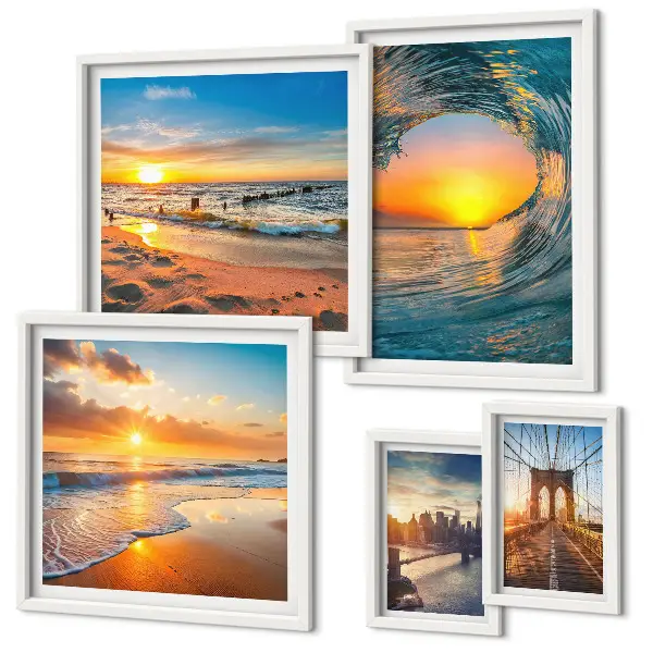 Conjunto de cuadros decorativos con diseño de atardeceres en el mar y puentes de la ciudad