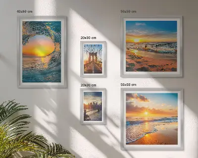 Conjunto de cuadros decorativos con diseño de atardeceres en el mar y puentes de la ciudad