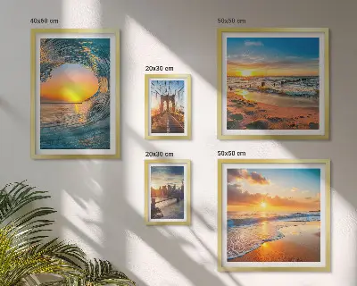Conjunto de cuadros decorativos con diseño de atardeceres en el mar y puentes de la ciudad