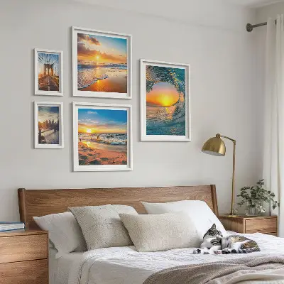 Conjunto de cuadros decorativos con diseño de atardeceres en el mar y puentes de la ciudad