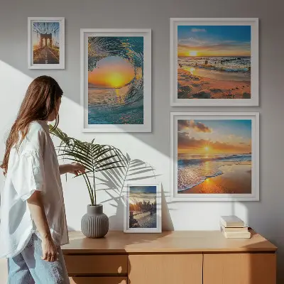Conjunto de cuadros decorativos con diseño de atardeceres en el mar y puentes de la ciudad