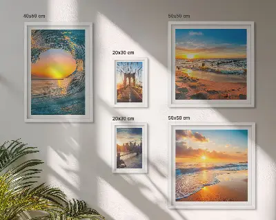 Conjunto de cuadros decorativos con diseño de atardeceres en el mar y puentes de la ciudad