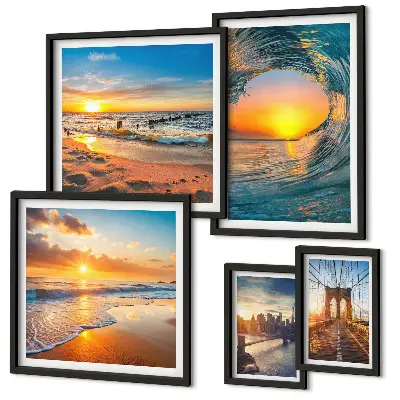 Conjunto de cuadros decorativos con diseño de atardeceres en el mar y puentes de la ciudad