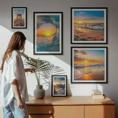Conjunto de cuadros decorativos con diseño de atardeceres en el mar y puentes de la ciudad