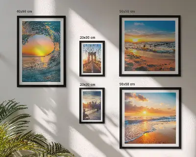 Conjunto de cuadros decorativos con diseño de atardeceres en el mar y puentes de la ciudad