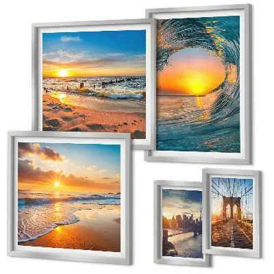 Conjunto de cuadros decorativos con diseño de atardeceres en el mar y puentes de la ciudad