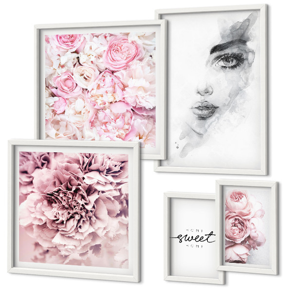 Set de 5 cuadros para salón Un retrato floral sobre el hogar
