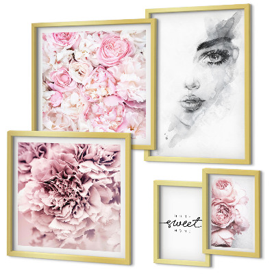 Set de 5 cuadros para salón Un retrato floral sobre el hogar